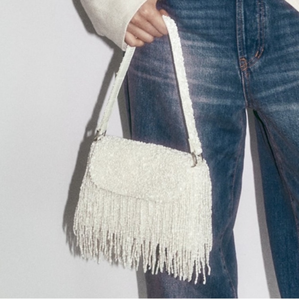 Zara white beaded shoulder bag, tassels